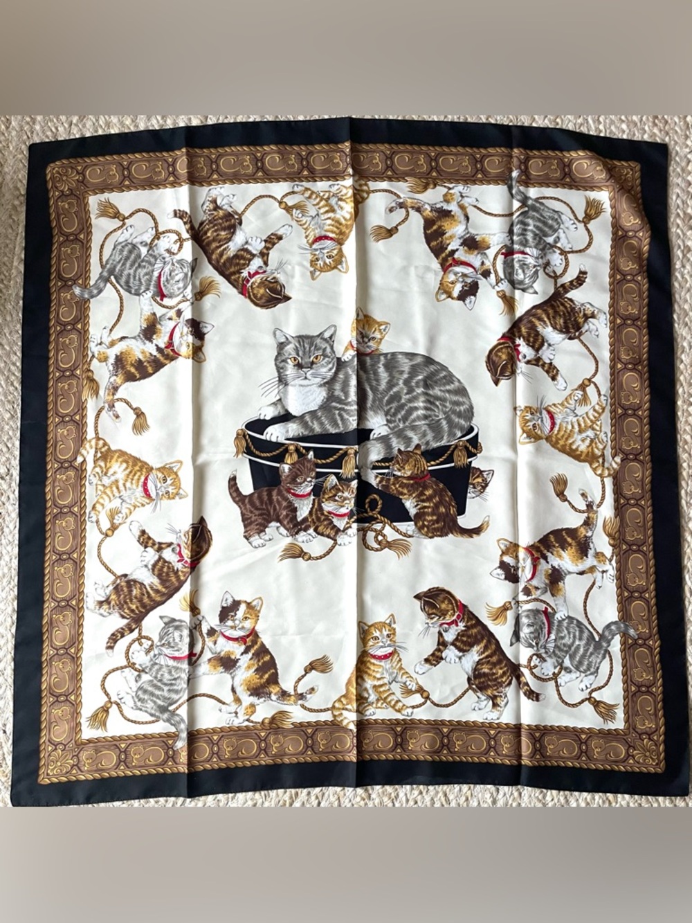 Cat Print Silk Style Scarf Neutral  Kitten Square Designer-Inspired Pet Scarf - Picture 2 of 5